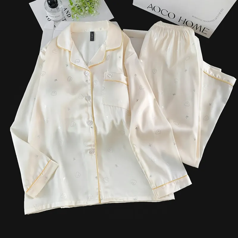 With Chest Pad Ice Silk Long Sleeve Pajamas Women Summer Light Luxury Silver Hotfix Cartoon Long Pants Two Piece Set Homewear Wearable Outside · Wholesale · OEM · Worldwide Shipping - View 1