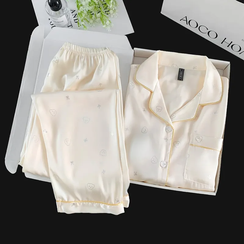 With Chest Pad Ice Silk Long Sleeve Pajamas Women Summer Light Luxury Silver Hotfix Cartoon Long Pants Two Piece Set Homewear Wearable Outside · Wholesale · OEM · Worldwide Shipping - Detail 10