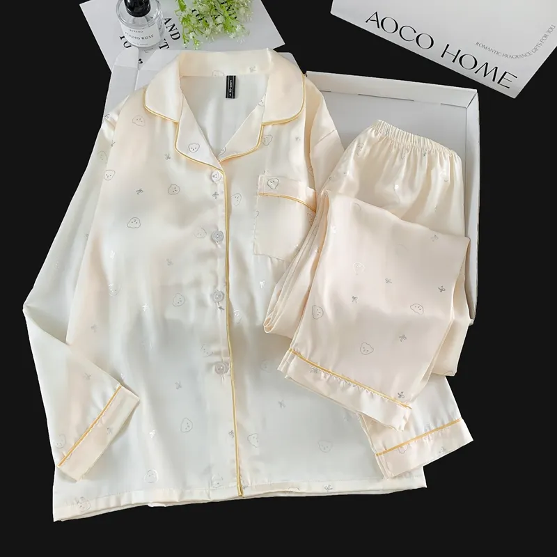 With Chest Pad Ice Silk Long Sleeve Pajamas Women Summer Light Luxury Silver Hotfix Cartoon Long Pants Two Piece Set Homewear Wearable Outside · Wholesale · OEM · Worldwide Shipping - View 2