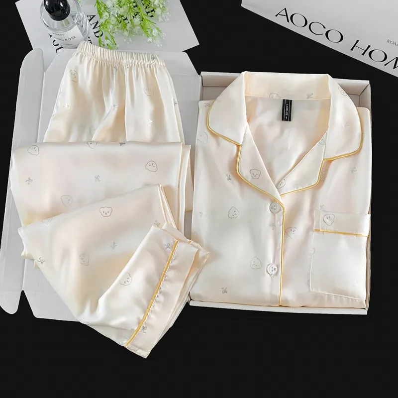 With Chest Pad Ice Silk Long Sleeve Pajamas Women Summer Light Luxury Silver Hotfix Cartoon Long Pants Two Piece Set Homewear Wearable Outside · Wholesale · OEM · Worldwide Shipping - Detail 12