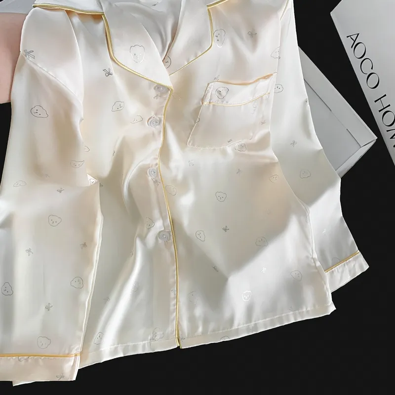 With Chest Pad Ice Silk Long Sleeve Pajamas Women Summer Light Luxury Silver Hotfix Cartoon Long Pants Two Piece Set Homewear Wearable Outside · Wholesale · OEM · Worldwide Shipping - Detail 7