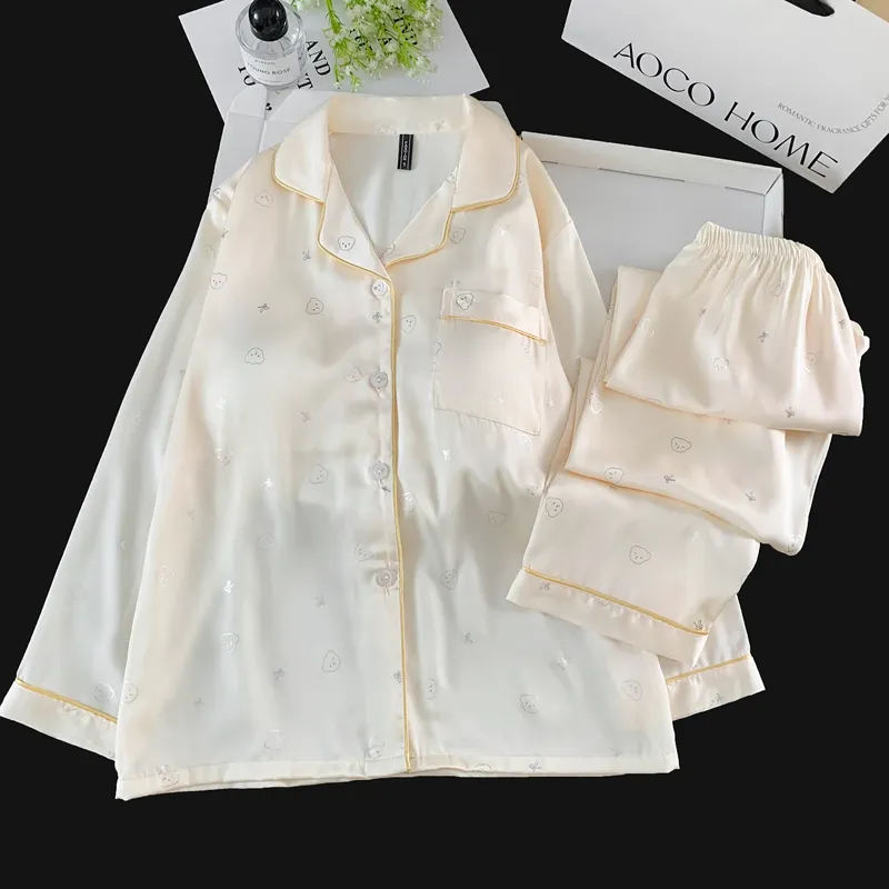 With Chest Pad Ice Silk Long Sleeve Pajamas Women Summer Light Luxury Silver Hotfix Cartoon Long Pants Two Piece Set Homewear Wearable Outside · Wholesale · OEM · Worldwide Shipping