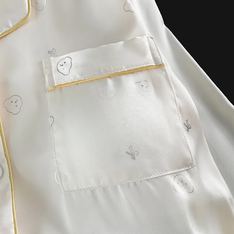 With Chest Pad Ice Silk Long Sleeve Pajamas Women Summer Light Luxury Silver Hotfix Cartoon Long Pants Two Piece Set Homewear Wearable Outside · Wholesale · OEM · Worldwide Shipping - Detail 2