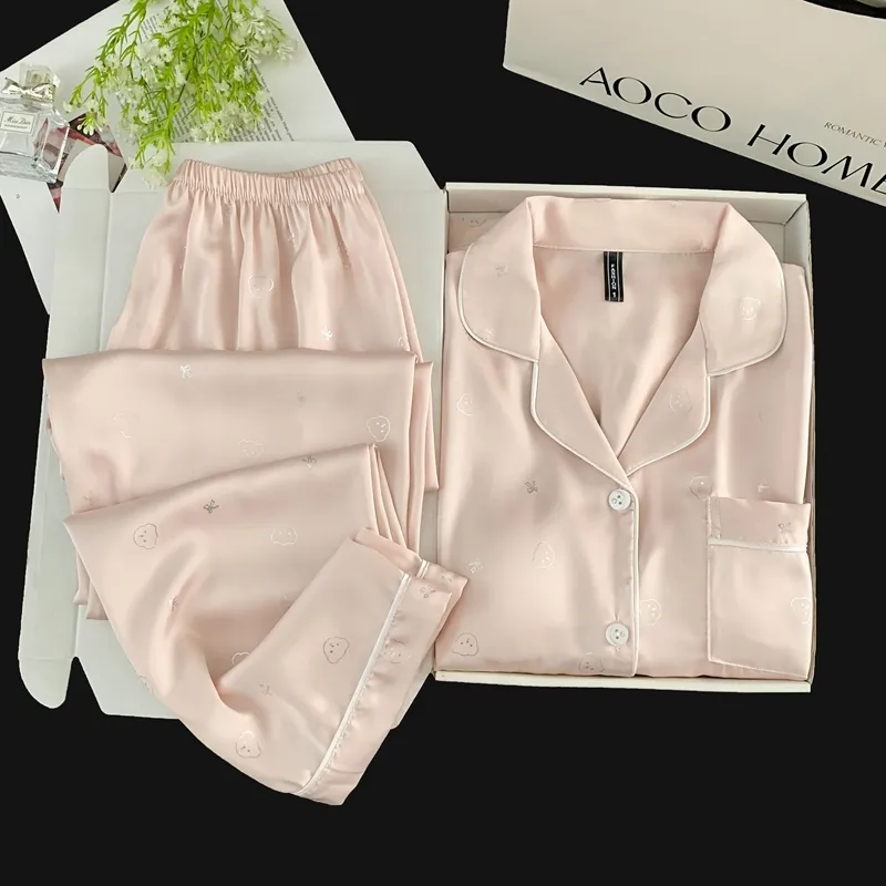 Set Piama Ice Silk Lengan Panjang Celana Panjang, Kepala Beruang Pink, Loungewear Minimalis Lucu · Grosir · OEM · Pengiriman Global - Detail 12