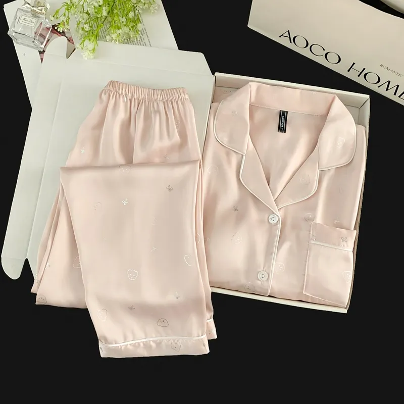 Set Piama Ice Silk Lengan Panjang Celana Panjang, Kepala Beruang Pink, Loungewear Minimalis Lucu · Grosir · OEM · Pengiriman Global - Detail 10