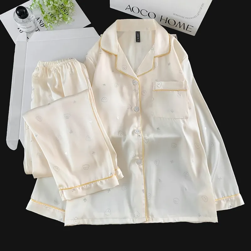 With Chest Pad Ice Silk Long Sleeve Pajamas Women Summer Light Luxury Silver Hotfix Cartoon Long Pants Two Piece Set Homewear Wearable Outside · Wholesale · OEM · Worldwide Shipping - View 3