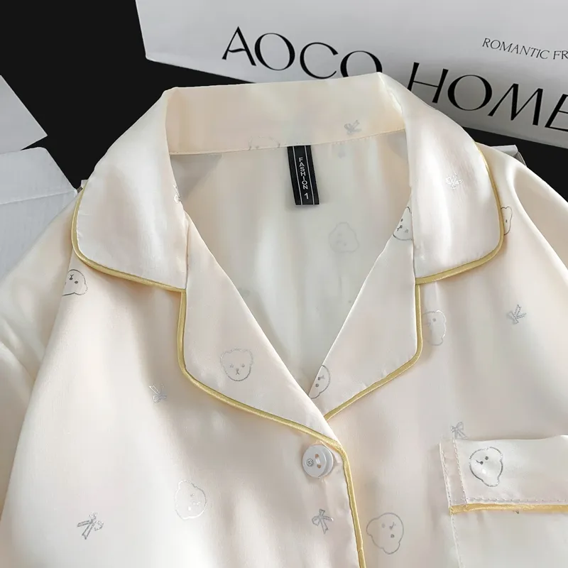 With Chest Pad Ice Silk Long Sleeve Pajamas Women Summer Light Luxury Silver Hotfix Cartoon Long Pants Two Piece Set Homewear Wearable Outside · Wholesale · OEM · Worldwide Shipping - Detail 1
