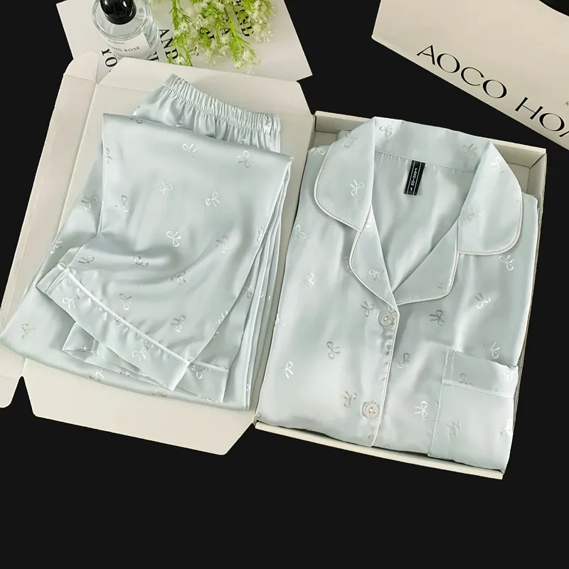 Pyjama Soie Glacée Double Long Confortable Haut de Gamme Bleu Argenté Petit Nœud Mignon Sucré Vêtement Maison · Grossiste · OEM · Mondial - Detail 9