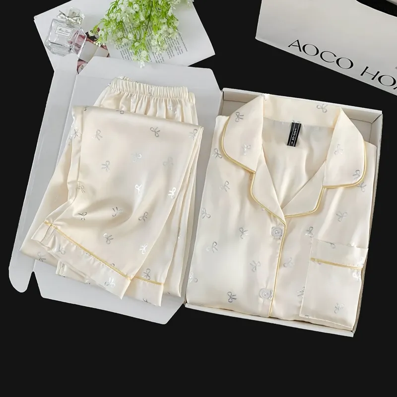 Ice Silk Double Long Comfortable Premium Pajamas Apricot Silver Hotfix Small Bow Simple Elegant Homewear · Wholesale · OEM · Worldwide Shipping - Detail 9