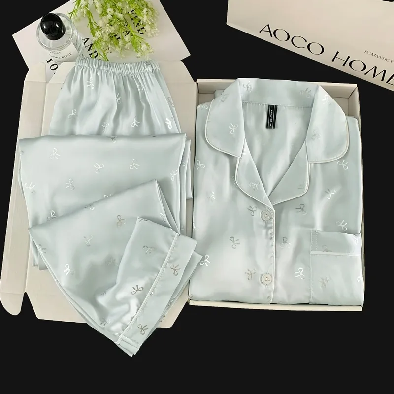 Pyjama Soie Glacée Double Long Confortable Haut de Gamme Bleu Argenté Petit Nœud Mignon Sucré Vêtement Maison · Grossiste · OEM · Mondial - Detail 12