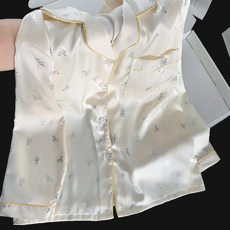Ice Silk Double Long Comfortable Premium Pajamas Apricot Silver Hotfix Small Bow Simple Elegant Homewear · Wholesale · OEM · Worldwide Shipping - Detail 7