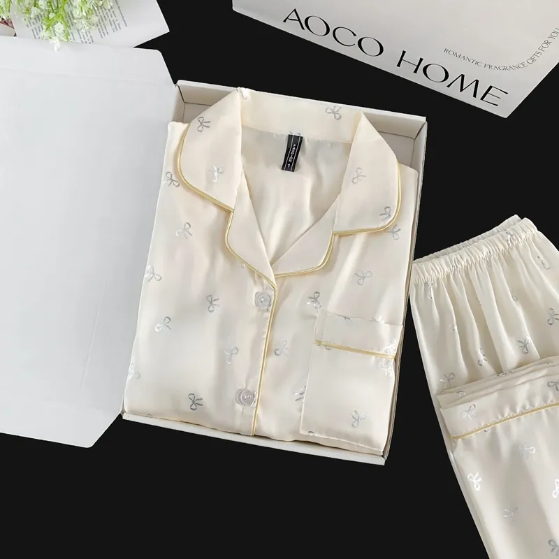 Ice Silk Double Long Comfortable Premium Pajamas Apricot Silver Hotfix Small Bow Simple Elegant Homewear · Wholesale · OEM · Worldwide Shipping - Detail 11
