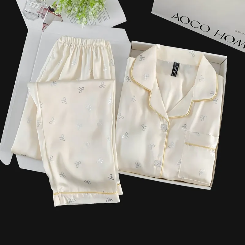 Ice Silk Double Long Comfortable Premium Pajamas Apricot Silver Hotfix Small Bow Simple Elegant Homewear · Wholesale · OEM · Worldwide Shipping - Detail 10