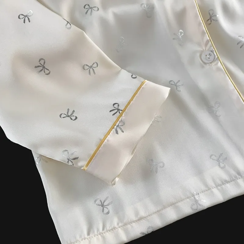 Ice Silk Double Long Comfortable Premium Pajamas Apricot Silver Hotfix Small Bow Simple Elegant Homewear · Wholesale · OEM · Worldwide Shipping - Detail 4