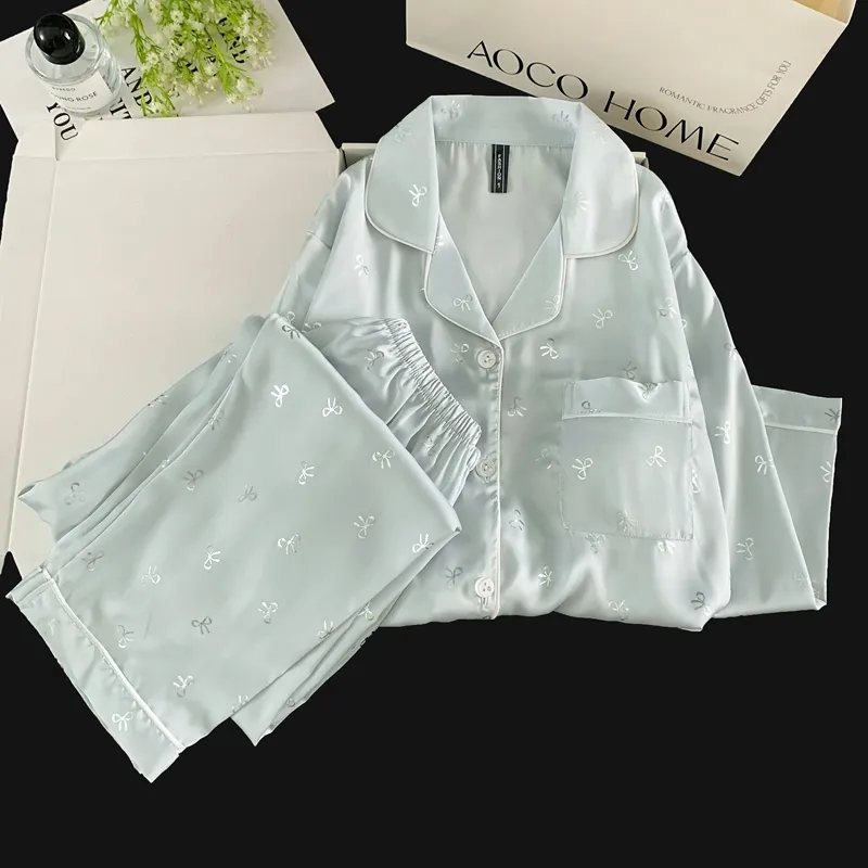 Pyjama Soie Glacée Double Long Confortable Haut de Gamme Bleu Argenté Petit Nœud Mignon Sucré Vêtement Maison · Grossiste · OEM · Mondial - Detail 5
