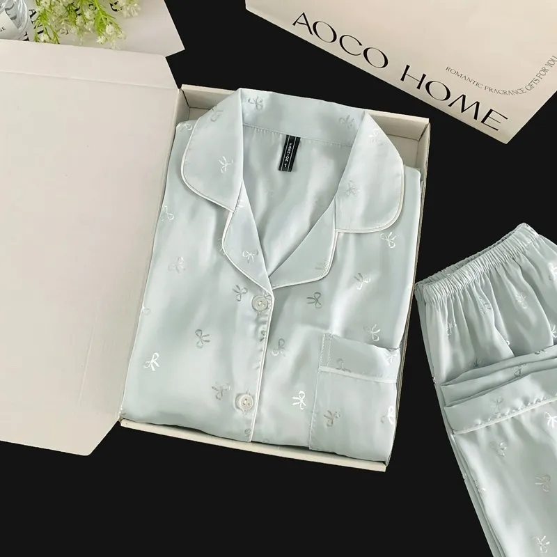 Pyjama Soie Glacée Double Long Confortable Haut de Gamme Bleu Argenté Petit Nœud Mignon Sucré Vêtement Maison · Grossiste · OEM · Mondial - Detail 11