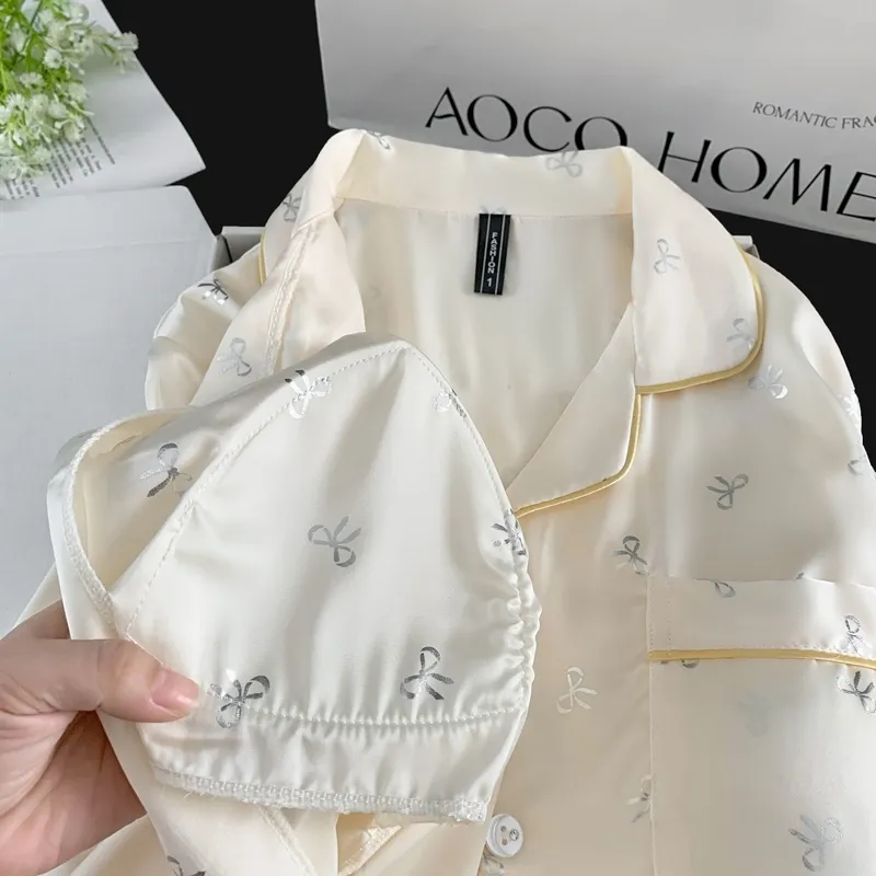 Ice Silk Double Long Comfortable Premium Pajamas Apricot Silver Hotfix Small Bow Simple Elegant Homewear · Wholesale · OEM · Worldwide Shipping - Detail 3