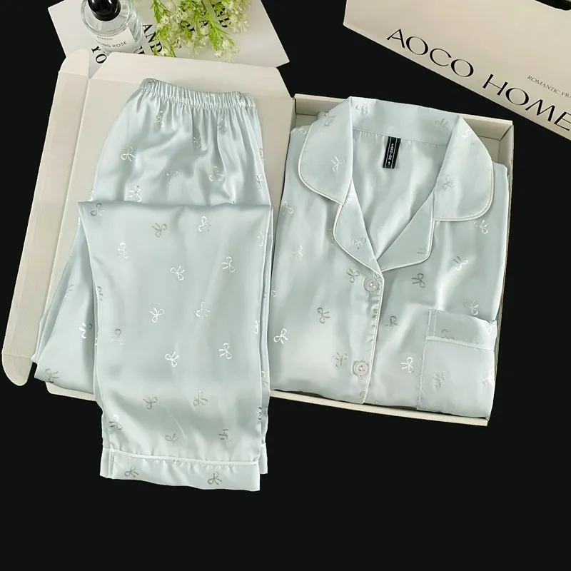 Pyjama Soie Glacée Double Long Confortable Haut de Gamme Bleu Argenté Petit Nœud Mignon Sucré Vêtement Maison · Grossiste · OEM · Mondial - Detail 10