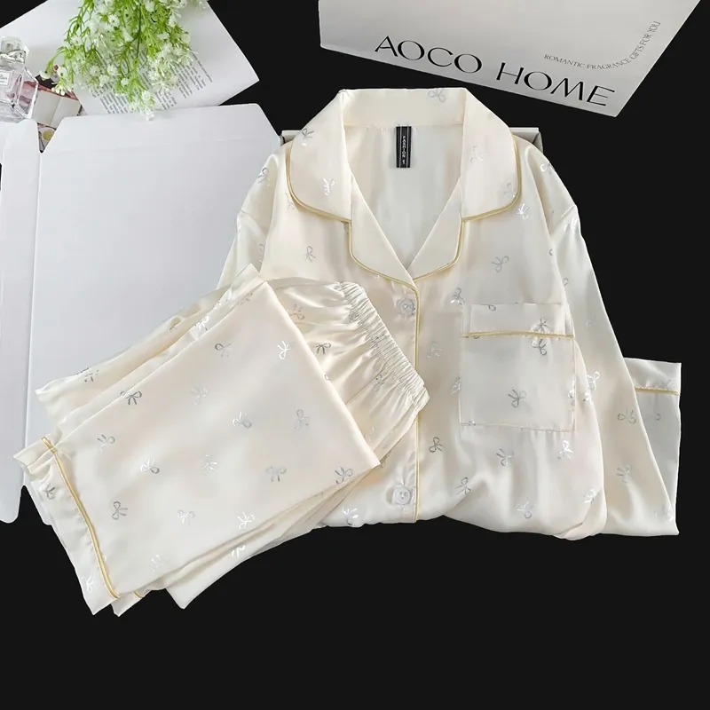 Ice Silk Double Long Comfortable Premium Pajamas Apricot Silver Hotfix Small Bow Simple Elegant Homewear · Wholesale · OEM · Worldwide Shipping - Detail 5