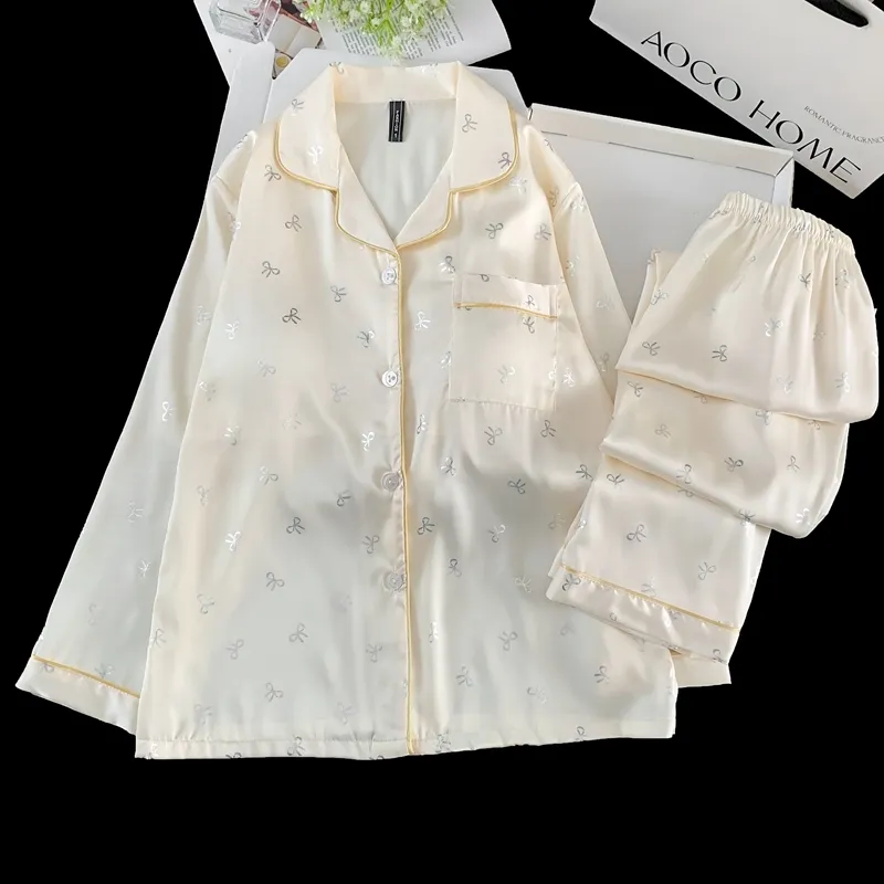 Ice Silk Double Long Comfortable Premium Pajamas Apricot Silver Hotfix Small Bow Simple Elegant Homewear · Wholesale · OEM · Worldwide Shipping