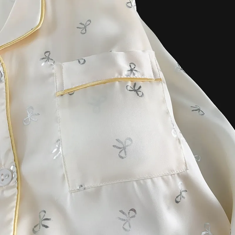 Ice Silk Double Long Comfortable Premium Pajamas Apricot Silver Hotfix Small Bow Simple Elegant Homewear · Wholesale · OEM · Worldwide Shipping - Detail 1