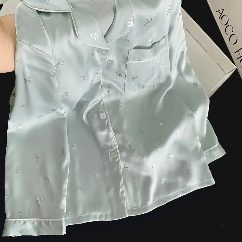 Pyjama Soie Glacée Double Long Confortable Haut de Gamme Bleu Argenté Petit Nœud Mignon Sucré Vêtement Maison · Grossiste · OEM · Mondial - Detail 7