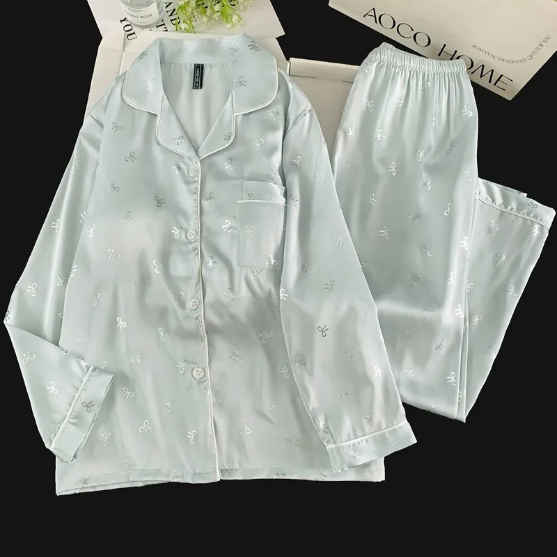 Pyjama Soie Glacée Double Long Confortable Haut de Gamme Bleu Argenté Petit Nœud Mignon Sucré Vêtement Maison · Grossiste · OEM · Mondial - View 1
