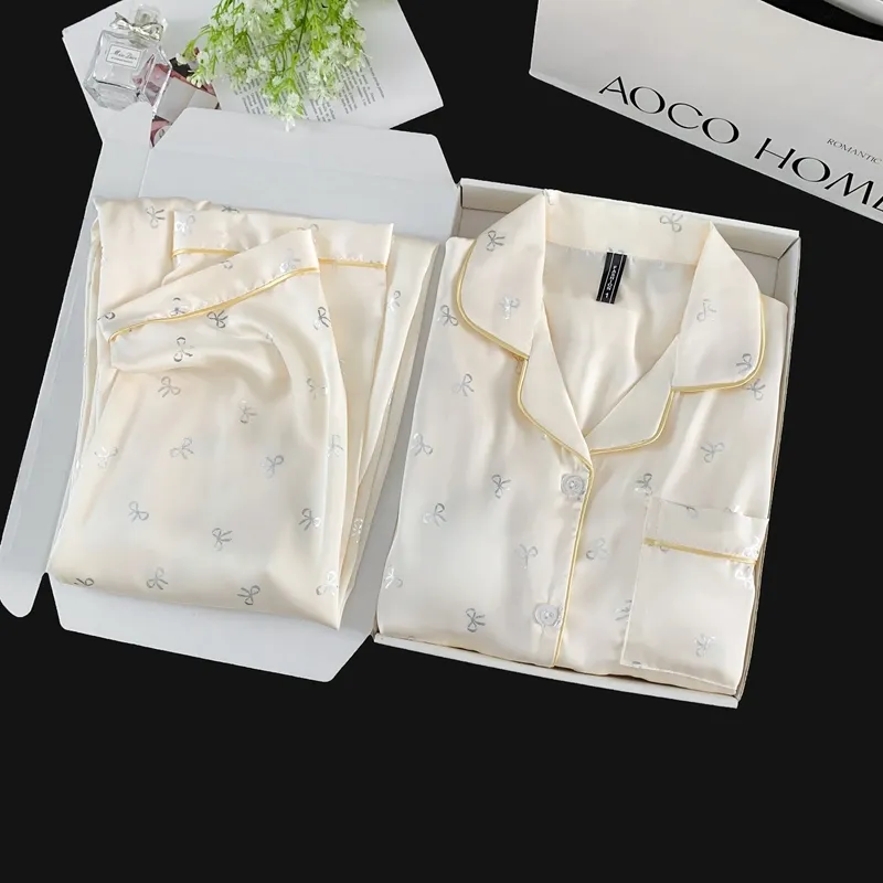 Ice Silk Double Long Comfortable Premium Pajamas Apricot Silver Hotfix Small Bow Simple Elegant Homewear · Wholesale · OEM · Worldwide Shipping - Detail 8