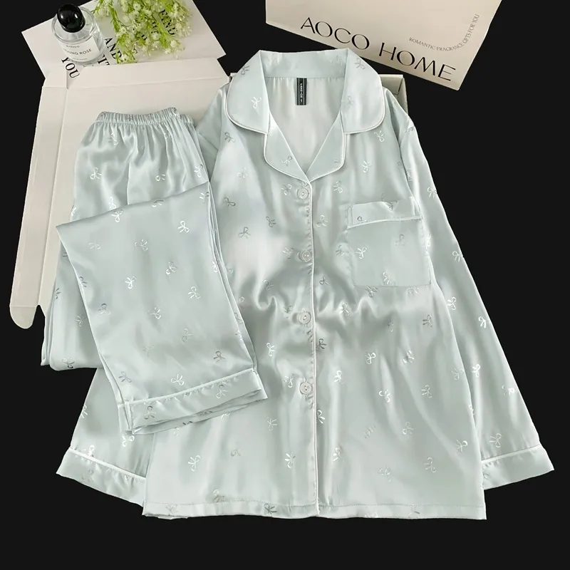 Pyjama Soie Glacée Double Long Confortable Haut de Gamme Bleu Argenté Petit Nœud Mignon Sucré Vêtement Maison · Grossiste · OEM · Mondial - View 3