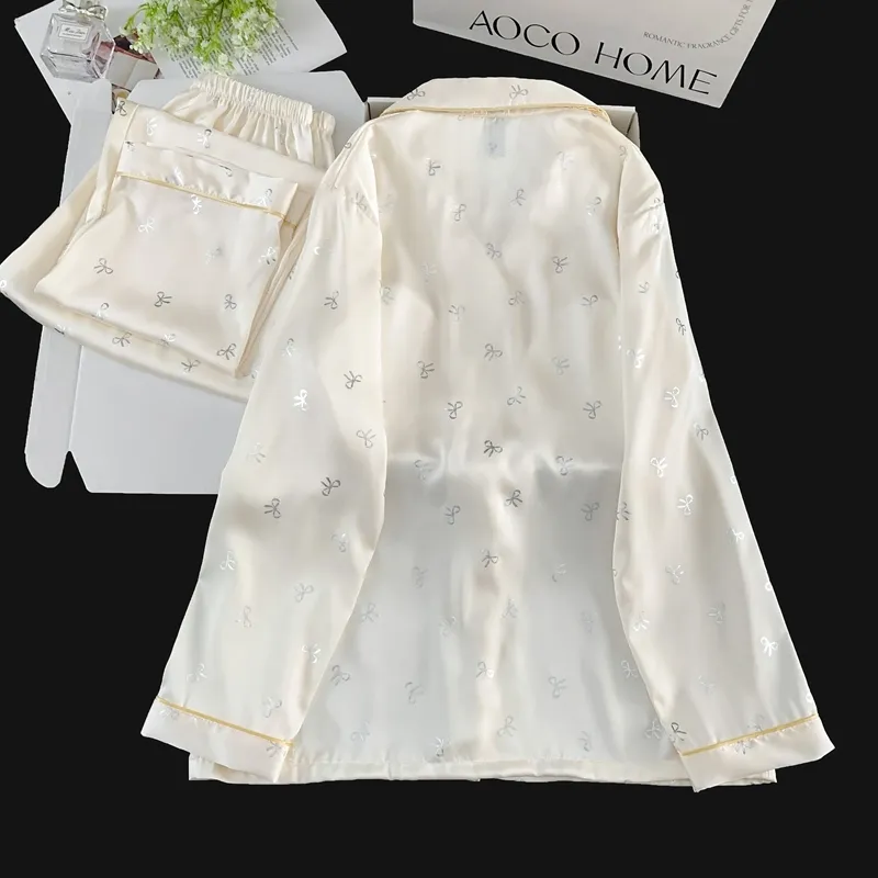 Ice Silk Double Long Comfortable Premium Pajamas Apricot Silver Hotfix Small Bow Simple Elegant Homewear · Wholesale · OEM · Worldwide Shipping - Detail 6