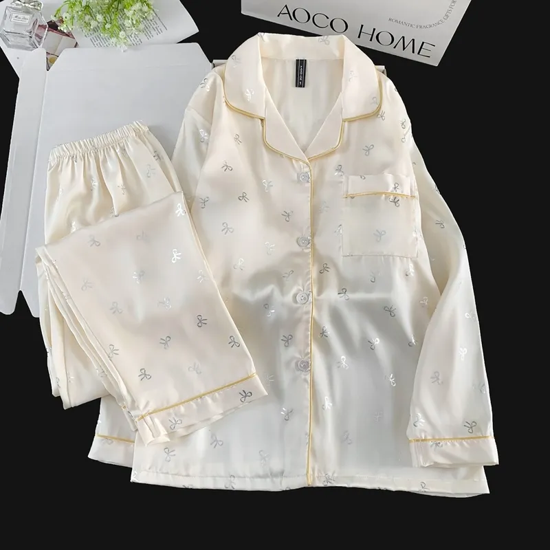 Ice Silk Double Long Comfortable Premium Pajamas Apricot Silver Hotfix Small Bow Simple Elegant Homewear · Wholesale · OEM · Worldwide Shipping - View 3
