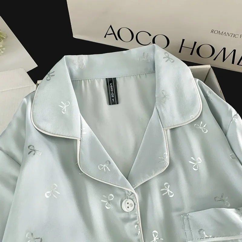 Pyjama Soie Glacée Double Long Confortable Haut de Gamme Bleu Argenté Petit Nœud Mignon Sucré Vêtement Maison · Grossiste · OEM · Mondial - View 4