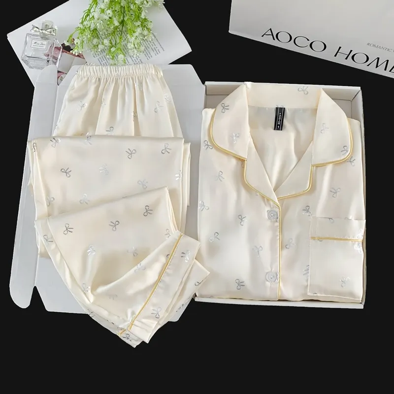 Ice Silk Double Long Comfortable Premium Pajamas Apricot Silver Hotfix Small Bow Simple Elegant Homewear · Wholesale · OEM · Worldwide Shipping - Detail 12