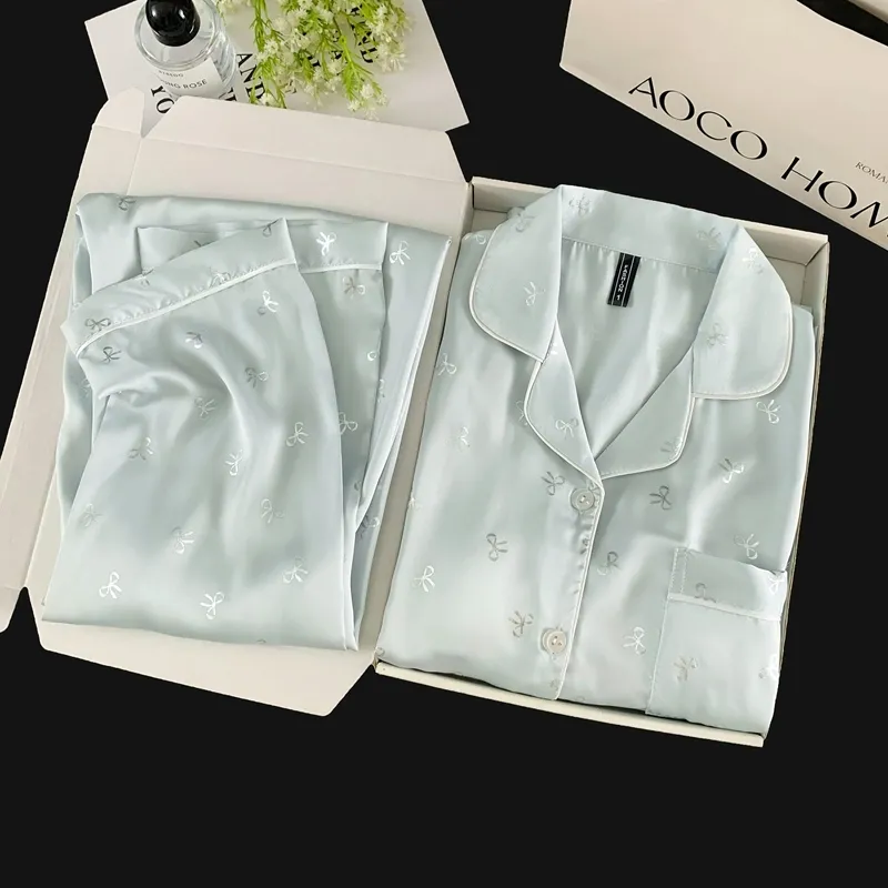 Pyjama Soie Glacée Double Long Confortable Haut de Gamme Bleu Argenté Petit Nœud Mignon Sucré Vêtement Maison · Grossiste · OEM · Mondial - Detail 8