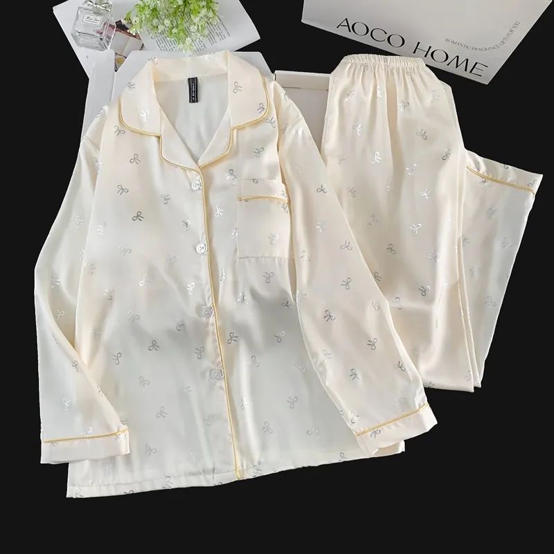 Ice Silk Double Long Comfortable Premium Pajamas Apricot Silver Hotfix Small Bow Simple Elegant Homewear · Wholesale · OEM · Worldwide Shipping - View 1