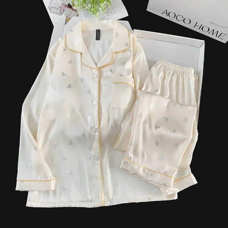 Ice Silk Double Long Comfortable Premium Pajamas Apricot Silver Hotfix Small Bow Simple Elegant Homewear · Wholesale · OEM · Worldwide Shipping - View 2