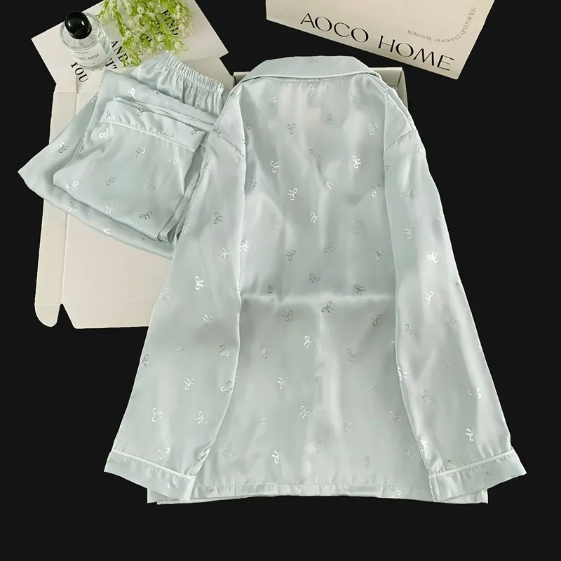 Pyjama Soie Glacée Double Long Confortable Haut de Gamme Bleu Argenté Petit Nœud Mignon Sucré Vêtement Maison · Grossiste · OEM · Mondial - Detail 6