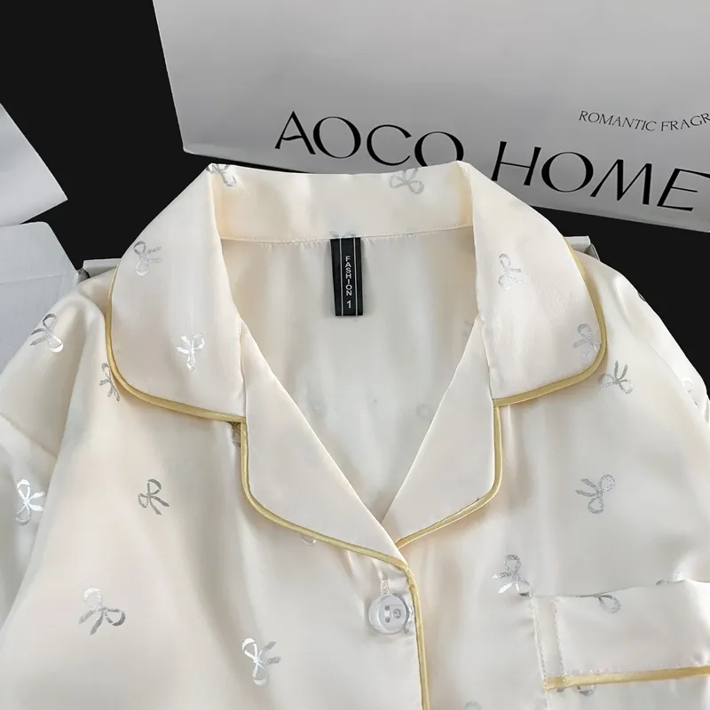 Ice Silk Double Long Comfortable Premium Pajamas Apricot Silver Hotfix Small Bow Simple Elegant Homewear · Wholesale · OEM · Worldwide Shipping - View 4