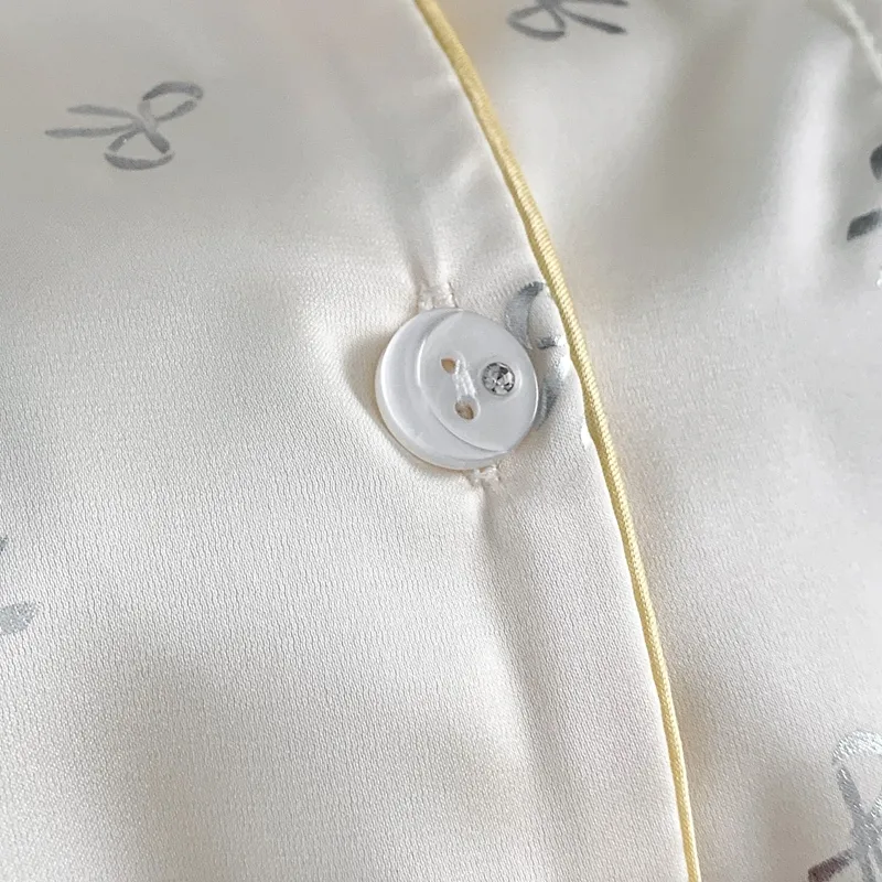 Ice Silk Double Long Comfortable Premium Pajamas Apricot Silver Hotfix Small Bow Simple Elegant Homewear · Wholesale · OEM · Worldwide Shipping - Detail 2