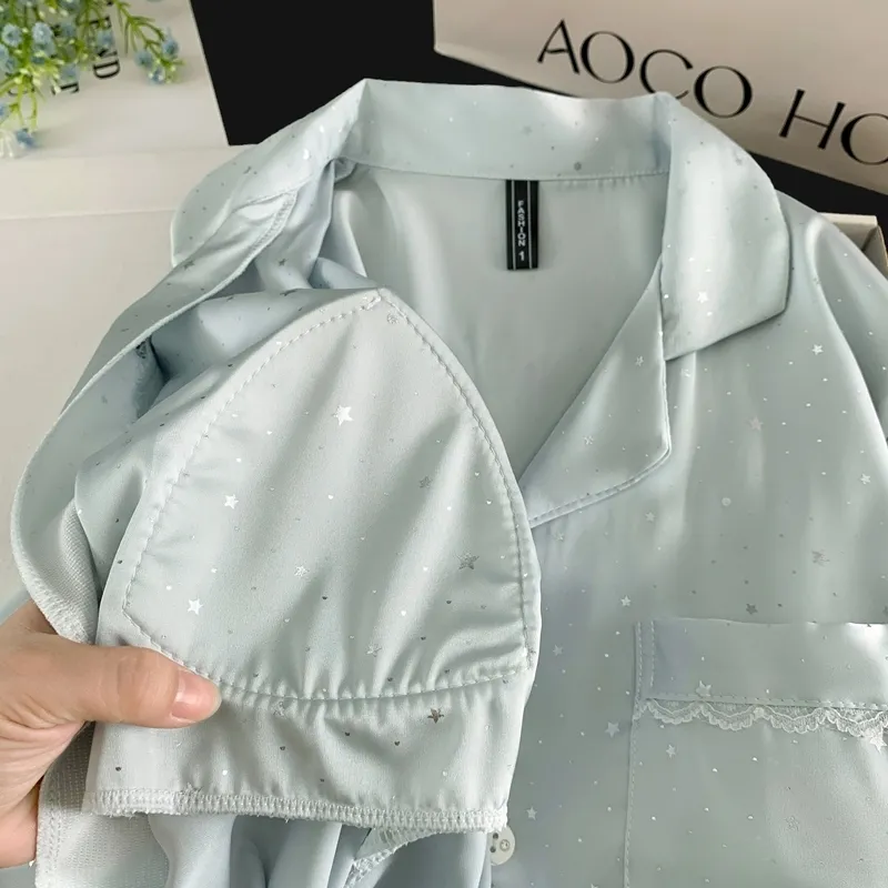 Ice Silk Double Long Comfortable Premium Pajamas Blue Small Dot Star Rhinestone Simple Elegant Homewear · Wholesale · OEM · Worldwide Shipping - Detail 4