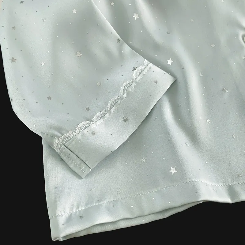 Ice Silk Double Long Comfortable Premium Pajamas Blue Small Dot Star Rhinestone Simple Elegant Homewear · Wholesale · OEM · Worldwide Shipping - Detail 3