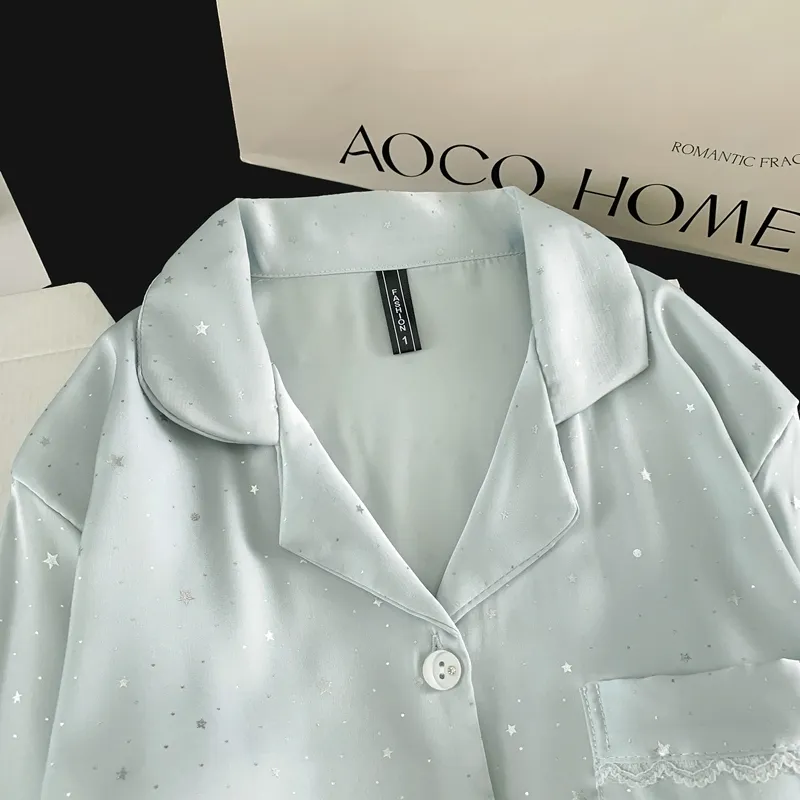 Ice Silk Double Long Comfortable Premium Pajamas Blue Small Dot Star Rhinestone Simple Elegant Homewear · Wholesale · OEM · Worldwide Shipping - View 4
