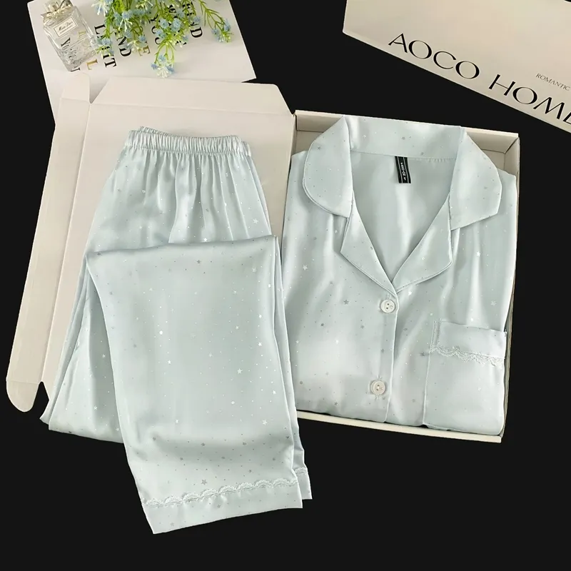 Ice Silk Double Long Comfortable Premium Pajamas Blue Small Dot Star Rhinestone Simple Elegant Homewear · Wholesale · OEM · Worldwide Shipping - Detail 10