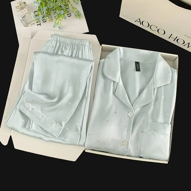 Ice Silk Double Long Comfortable Premium Pajamas Blue Small Dot Star Rhinestone Simple Elegant Homewear · Wholesale · OEM · Worldwide Shipping - Detail 9