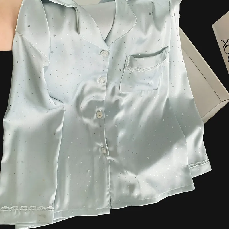 Ice Silk Double Long Comfortable Premium Pajamas Blue Small Dot Star Rhinestone Simple Elegant Homewear · Wholesale · OEM · Worldwide Shipping - Detail 7