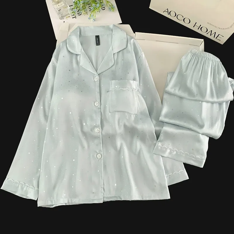 Soie glacée double long confortable premium pyjama bleu petit pois étoile strass simple élégant maison · Grossiste · OEM · Mondial
