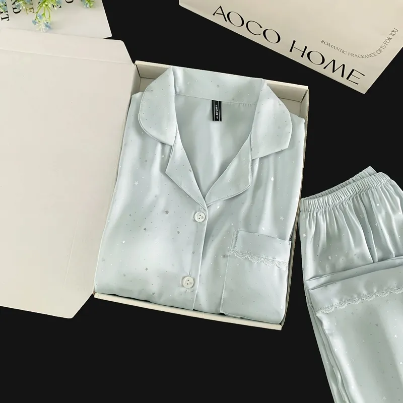 Ice Silk Double Long Comfortable Premium Pajamas Blue Small Dot Star Rhinestone Simple Elegant Homewear · Wholesale · OEM · Worldwide Shipping - Detail 11