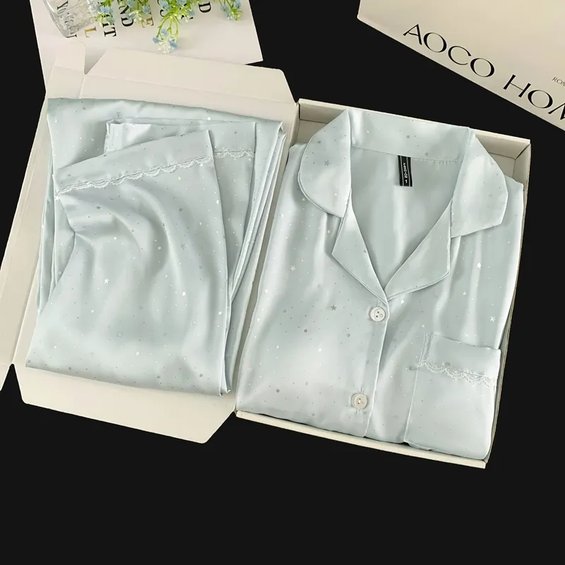 Ice Silk Double Long Comfortable Premium Pajamas Blue Small Dot Star Rhinestone Simple Elegant Homewear · Wholesale · OEM · Worldwide Shipping - Detail 8