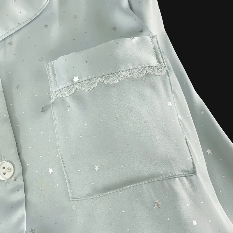 Ice Silk Double Long Comfortable Premium Pajamas Blue Small Dot Star Rhinestone Simple Elegant Homewear · Wholesale · OEM · Worldwide Shipping - Detail 1