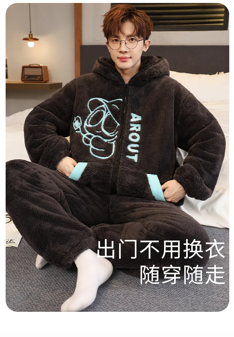 メンズパジャマ コーラルフリース 秋冬 厚手 裏起毛 ゆったり ファスナー ルームウェア · 卸売 · OEM · 世界へ発送 - Detail 7